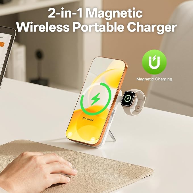 Q Magnetic Wireless Portable Charger 10,000mAh, Travel Essentials Power Bank with Built-in Cables & Foldable Stand, External Battery Pack Compatible with iPhone 17/16/15/14/13/12, Apple Watch - Image 6