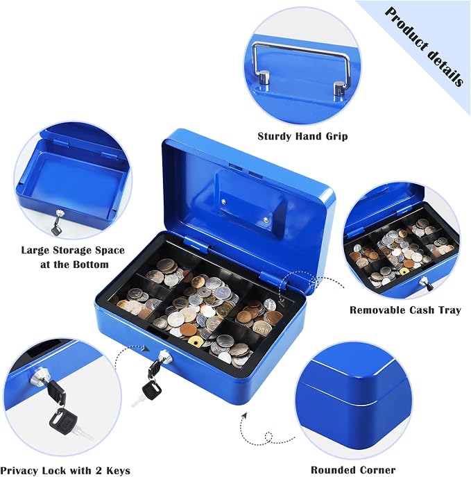 xydled Large Cash Box with Lock, Removable Coin Tray, Steel Money Box, Blue | Steel Cash Box with Key Lock, Removable Tray & Carry Handle, for Office, Retail, Home, and Money Storage, 9.8"x 7.8"x 3.5" - Image 4