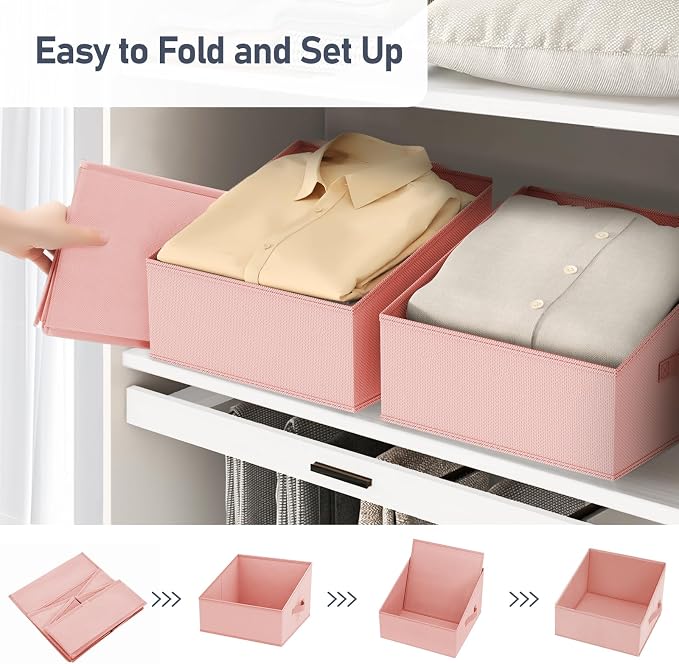 DIMJ Closet Storage Bins - Fabric Storage Baskets for Shelves, Collapsible Clothes Organizer with Handles for Purse, Toys, Books, Towel, Clothes, PInk, 6 Bins 11.4"x11.4"x7.8" - Image 4