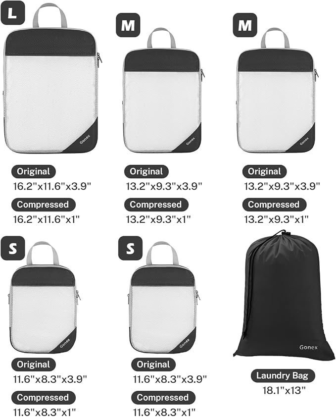 Gonex Compression Packing Cubes for Travel, Mesh Bags Luggage Organizers | Set of 4/5/6/7/10 for Essentials, Extensible, Fits 20"Carry-on Suitcases, See-through Mesh, Double Zipper Compression - Image 3