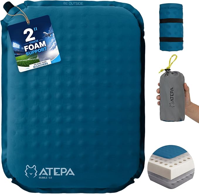 ATEPA Inflatable Seat Cushion | 2" & 2.5" Foam Core Seat Pad, Self Inflating, Compact, Stadium, Airplane, Travel, Camping, Hiking, Sports events by ATEPA