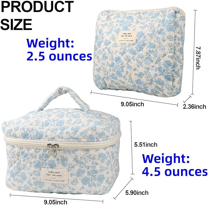 Fcteap Makeup Bag Travel Essentials Quilted Cosmetic Toiletry Pouch Organizer Insert for Women Dorm Room Essential Gift Large Capacity Opening Lightweight Cute Aesthetic Portable 2PCS (Flower) - Image 7