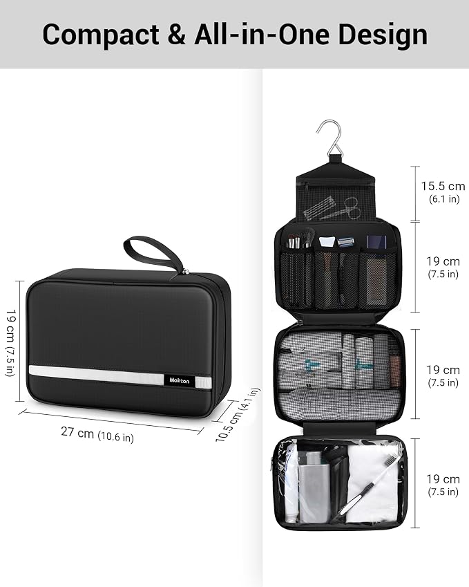 Maliton Toiletry Bag for Men & Women Travel Toiletry Bag Hanging Toiletry Bag Hygiene Bag with 4 Compartments Waterproof Bathroom Shower Bag for Traveling(Black) - Image 3