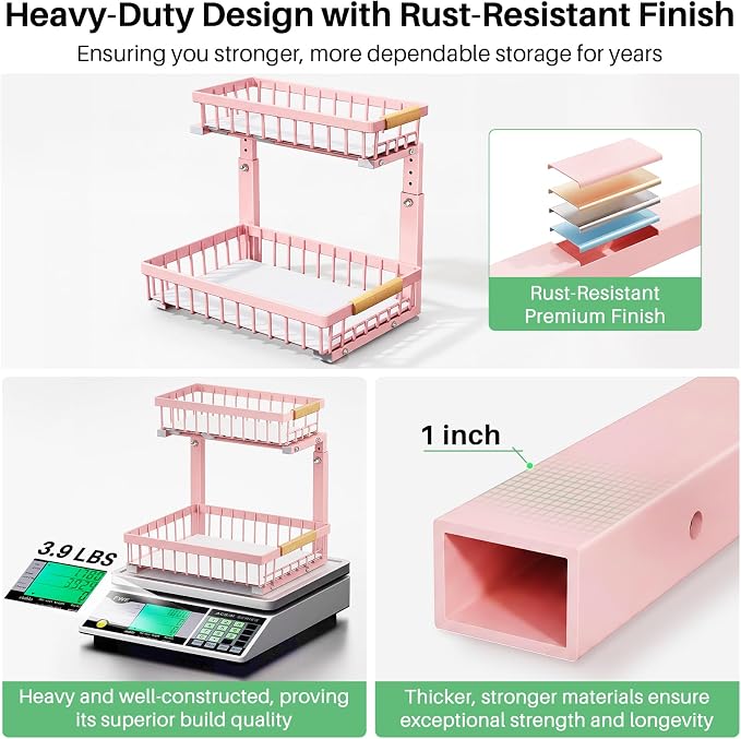Kitstorack Under Sink Organizer, 2 Tier Under the Sink Storage, Slide out Pull out Cabinet Organizer Shelf, Metal Sliding Drawer for Kitchen Bathroom Pantry Closet Organization Rack, Pink, 2 Pack - Image 7