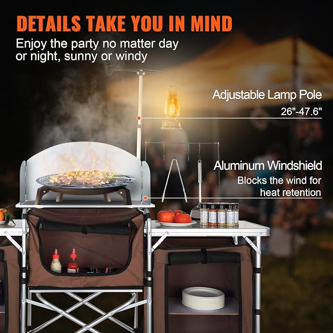 VEVOR Camping Kitchen Table, Folding Outdoor Cooking Table with Storage Carrying Bag, Aluminum Cook Station 3 Cupboard & Detachable Windscreen, Quick Set-up for Picnics, BBQ, RV Traveling, Brown - Image 8