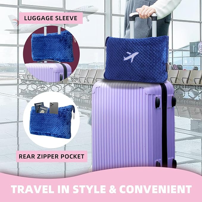 3 in 1 Travel Blanket Pillow Set - 350 GSM Thick Travel Blanket Airplane Compact with Bag, Soft Bag with a Pocket, Inflatable Travel Pillow for Camping & Car Trip (Royal Blue) - Image 2