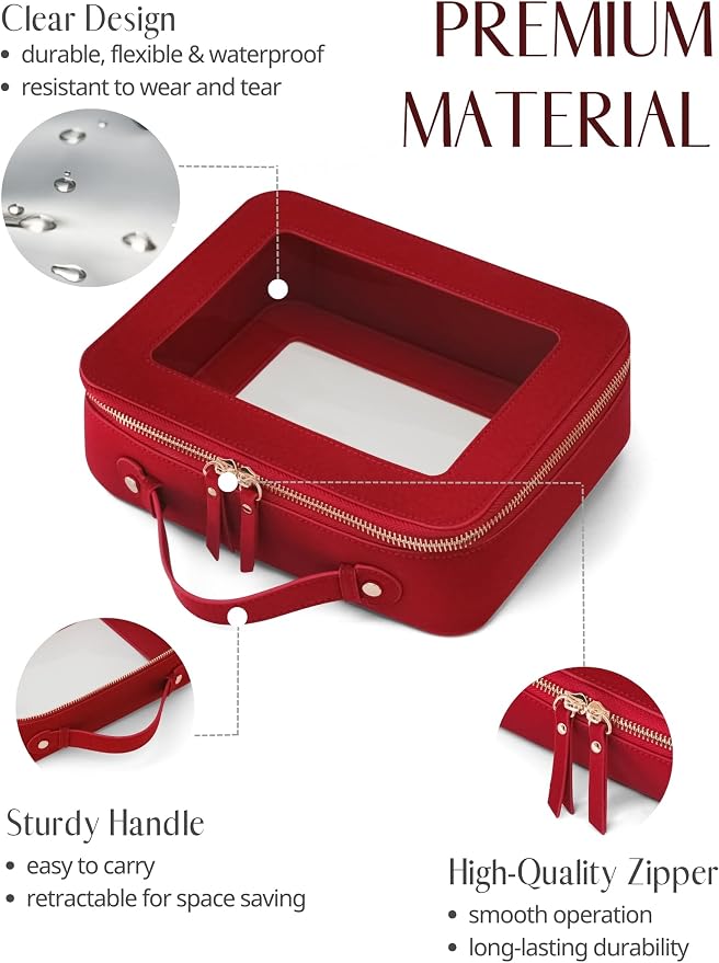 Clear Large Makeup Bag Mahjong Tile Bag with Zipper and Handle Red | Structured Large Travel Makeup Bag for Toiletries for Women, Big Long-trip Cosmetic Case, Waterproof PU Leather, Wide Opening - Image 3