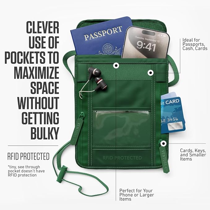 VENTURE 4TH Travel Neck Wallet, RFID Blocking Passport Holder - Sleek Green - Image 2