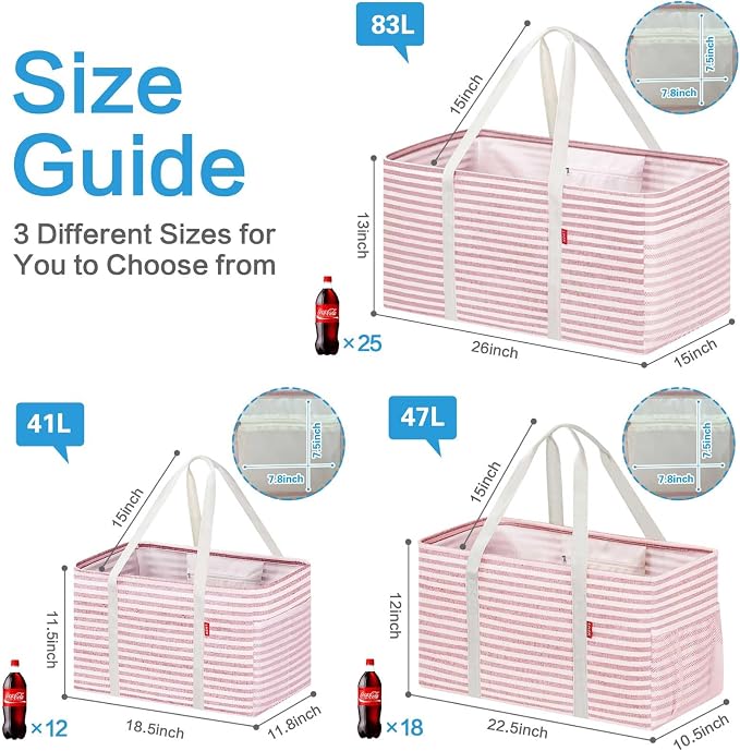 LHZK 2 Pack Utility Tote Bag with Metal Wire Frame and the Sides Rinforced, Large Tote Bag with Handle, Reusable Grocery Bags Foldable, Beach Bag, Car Tote (Pink, 18.5''x11.8''x11.5'') - Image 4