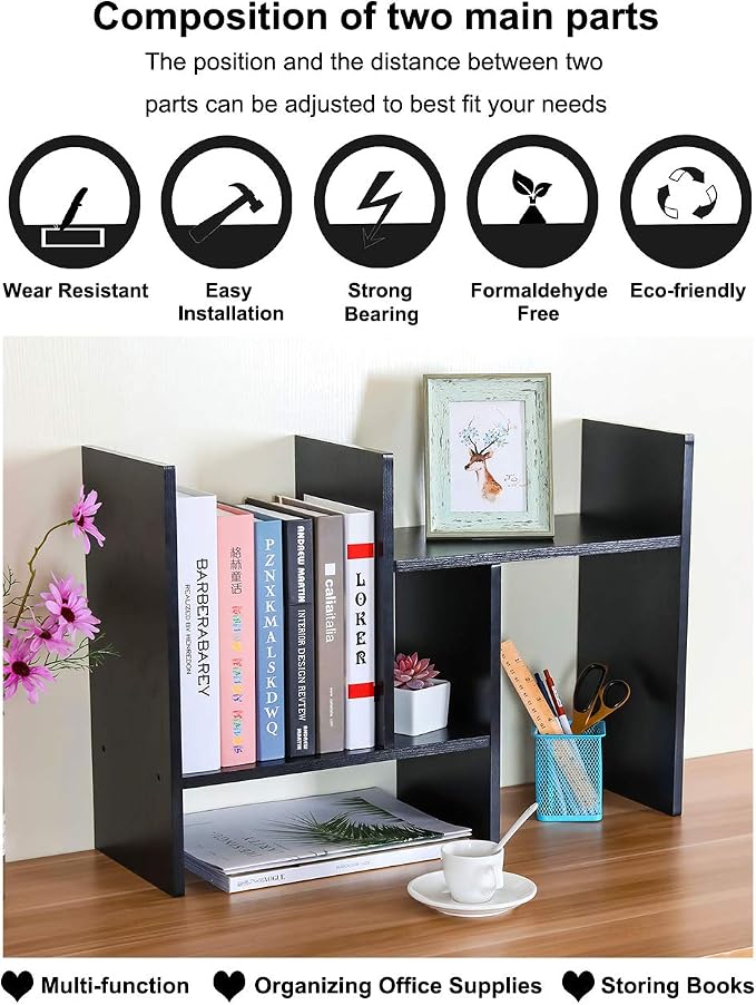 Adjustable Desktop Shelf Wood Small Bookshelf Desk Supplies Organizers and Accessories Storage Display Rack Office Decor, Black - Image 5