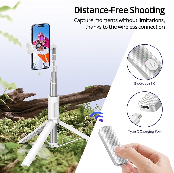 ATUMTEK 68.5" Selfie Stick Tripod, Extendable Aluminum Tripod with Rechargeable Bluetooth Remote, Compatible with iPhone and Android Smartphones, Perfect for Travel, Vlog, Video and Photo, White - Image 4