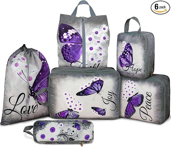 6 Pcs Compression Packing Cubes Waterproof Suitcase Travel Bag Luggage Backpack Organizer Travel Cubes for Packing-Purple Butterfly by Unknown