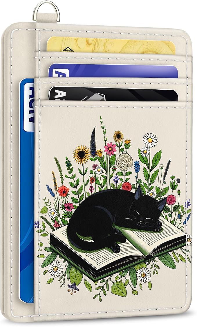 Yonlevres Cat Credit Card Holder Slim RFID Wallet Women Small Travel Cute | Front Pocket, Handy, RFID Blocking, Woman Girls Ladies Gifts, D-ring for Keychain,Thin Mini Card Case, ID Window, PU Leather by Yonlevres