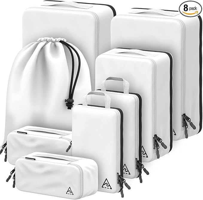 8 pcs Compression Packing Bags Cubes Set with HybridMax Double-Capacity Design - Packing Cubes for Travel Compression to Maximize Limited Luggage Space, White by WellTraveled