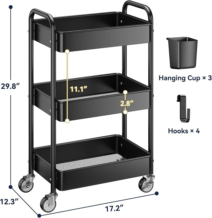 3 Tier Rolling Cart, Heavy Duty Metal Utility Cart with Wheel Black | Sturdy Rolling Storage Cart With Hooks & Hanging Cups, Great For Craft, Art Workspace, Kitchen ,Snack And Office Storage - Image 6