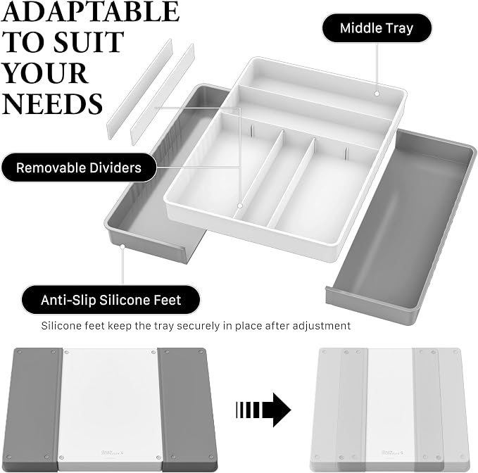 Simple Houseware Expandable Kitchen Drawer Flatware Organizer, Gray/White - Image 4