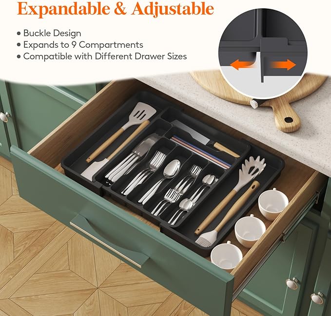 Lifewit Expandable Silverware Drawer Organizer, Kitchen Utensil Tray | BPA-free Plastic Flatware Cutlery Holder, Space-Saving Storage for Spoons Forks Knives, 11.8-19.6 x 15“, Black - Image 4