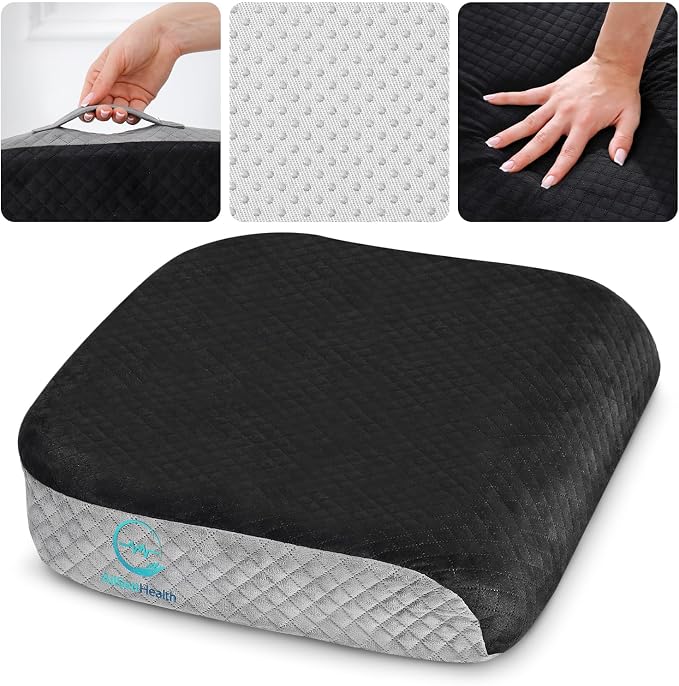 Large Seat Cushion (19” x 17” x 3”) Memory Foam for Office Chair, Wheelchair Cushions, Floor Pillow | Cushion Back Pain Coccyx Pain Relief | Plush Velvet Cover with Carry Handle by AllSettHealth