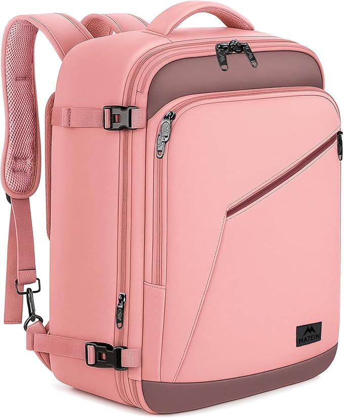 MATEIN Pink Grey Travel Backpack for Women, Flight Approved Carryon Daypack | Large Travelling Bag with Chest Strap for Womens, 40L, Cute Casual Daypack for Overnight, Outdoors, Business, Water Resistant by MATEIN