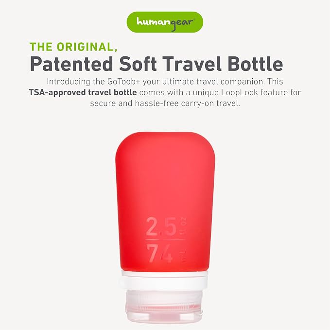 humangear GoToob+ (Medium) | Refillable Silicone Travel Bottle | Locking Lid | Food-Safe Material | Red, Medium (2.5 fl.oz.; 74ml) | Refillable & Leak-Proof Silicone Travel Size Bottles with Locking Cap for Toiletries, Camping & TSA Carry-On - Image 2