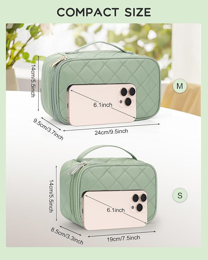 Relavel Travel Makeup Bag, Cosmetic Bag for Girls with 2 Makeup Brush Holders, Portable Makeup Pouch for Women, Cute Toiletry Bag with Double Layer Organizer - Green | Compact Makeup Pouch for Short Trip, Cute Toiletry Bag with Double Layer Organizer -... - Image 8