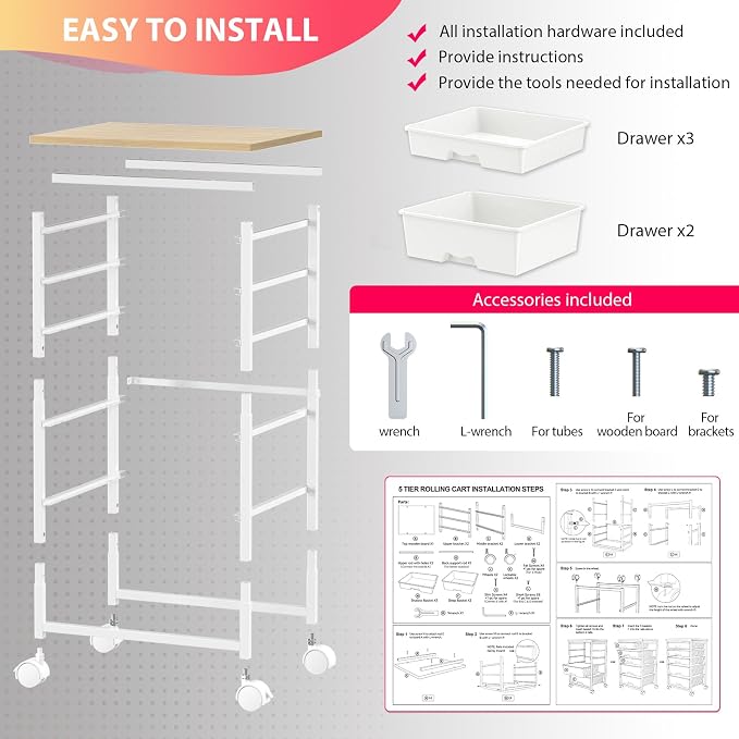 Goovilla Rolling Cart with 5 Drawers for Craft, Art, Dorm, Office, White | Utility Cart Organizer With 5 Removable Drawers and Wooden Tabletop, Lockable Rolling Storage Organizer for Classroom, Home - Image 6