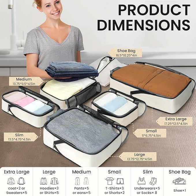 BAGAIL 4 Set/6 Set/8 Set Compression Packing Cubes Travel Accessories Expandable Packing Organizers (Half Mesh, 6-Beige) - Image 2