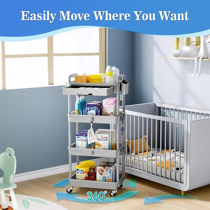 SUNALLY 4 Tier Rolling Cart with Drawer, Craft Storage Cart Organizer, Gray | Bathroom Storage Organizer with 2 Lockable Wheels, Rolling Utility Cart for Kitchen, Office, Baby, Makeup, Nail,Snack,Laundry - Image 4