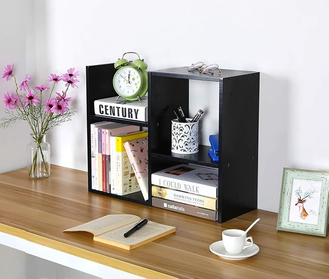 Desktop Shelf Freestanding Wooden Small Bookshelf Desk Supplies Organizers and Accessories Storage Display Rack Office Dorm Decor for Women, Black - Image 2