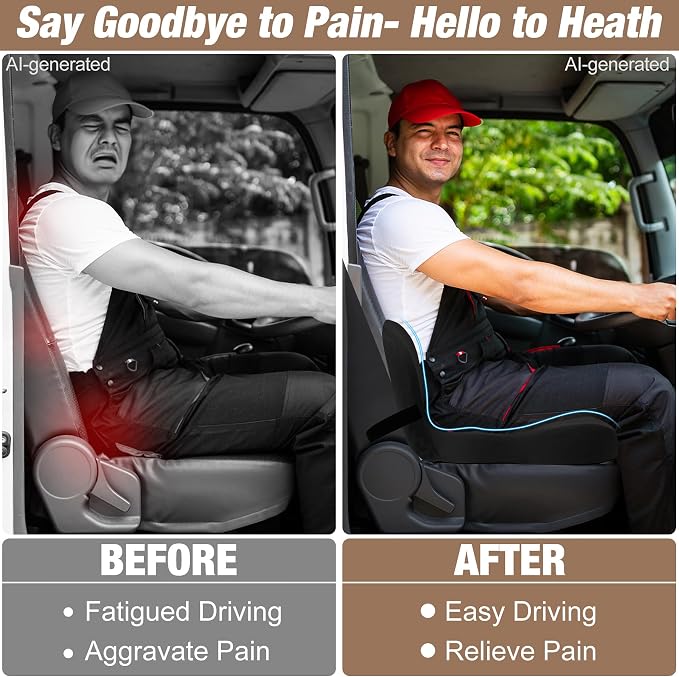 Truck Seat Cushion, Memory Foam Trucker Seat Cushion for Truck Driver Long Sitting with Adjustable Strap, Back Support and Pain Relief for Trucker Driving Office Chair and Pain, Black - Image 7