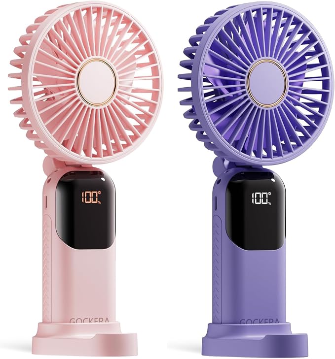 GOCKERA Portable Fan, 4200mAh Battery Operated Fan, 5 Speeds&Digital Display, Makeup Fans for Women with Base, 180°Foldable 3in1 Handheld/Neck/Desk Fan for Outdoor Indoor,Ultra Quiet (Pink Purple) by GOCKERA