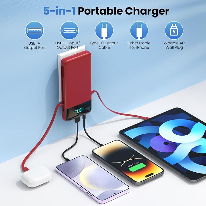 Portable Charger for iPhone,13800mAh Slim Power Bank with Built-in Cables & AC Wall Plug,All in One 4 Outputs USB C Fast Charging Battery Pack Travel Essential for iPhone 17/16/15/14,Android (Red) - Image 2
