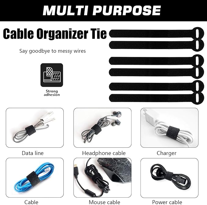 60pcs Reusable Fastening Cable Ties, 6-Inch Cable Straps Cable Management, Multi-Purpose Hook & Loop Cord Organizer Wire Ties, Adjustable Cable Organizer Cord Ties, Microfiber Cloth Straps,Black. - Image 4