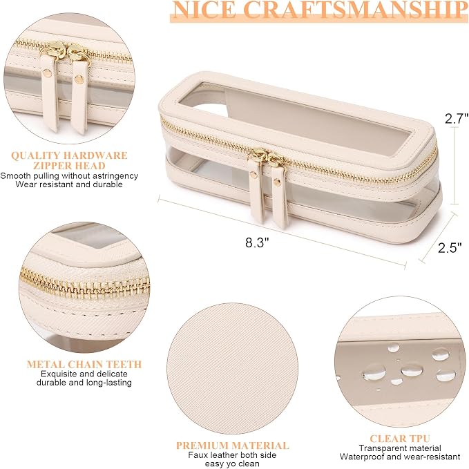 Pinkmik Makeup Brush Case Clear Travel Cosmetic Bag Beige | Slim Design, Zipper Closure, Small Purse Organizer, For Women - Image 4