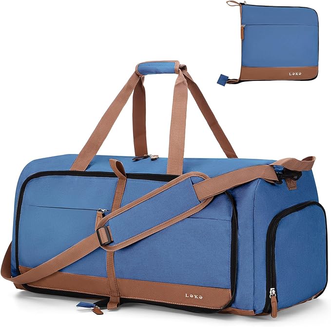 Lekesky Foldable Travel Duffel Bag for Women, 80L Large Duffle Bag with Separate Shoes Compartments & Straps, Carry On Weekend Bag for Women, Hospital, Overnight(Navy Blue) by LEKESKY