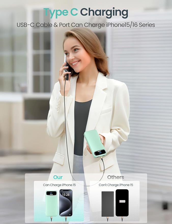 aonidi Portable Charger 12000mAh with Built-in Cables&AC Wall Plug, Green | PD20W USB C Fast Charging,LED Display External Travel Power Bank,TSA approved Battery Pack for All iPhone,Samsung,Android - Image 5