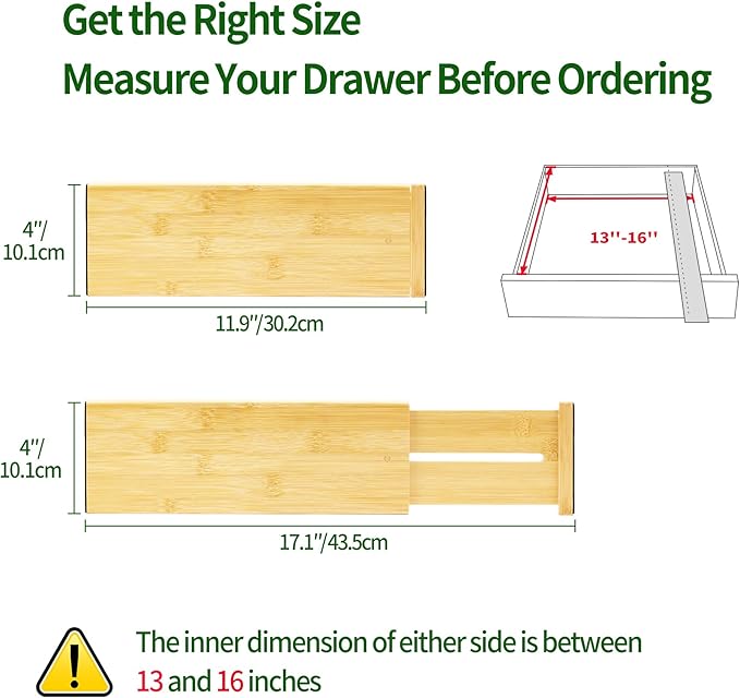 VaeFae 6 Pack Bamboo Drawer Dividers, 4" High Adjustable 11.9-17.1" Clothes Drawer Organizers, Expandable Separators for Bedroom/Bathroom/Kitchen/Office Storage - Image 2