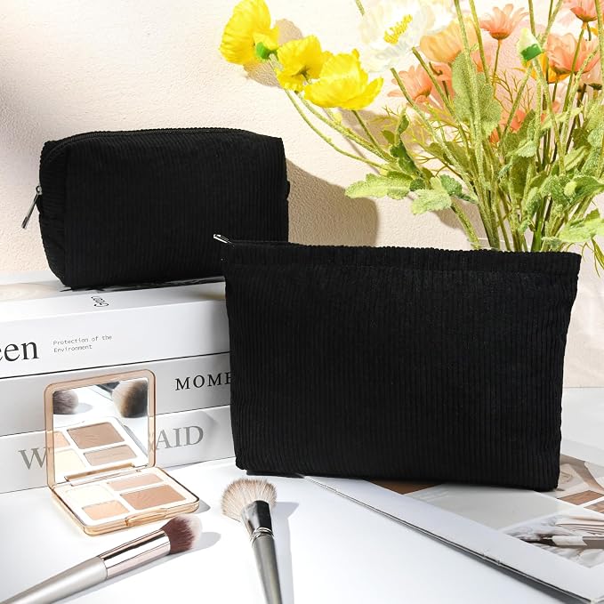 SOIDRAM 2 Pcs Corduroy Makeup Bag Large Cosmetic Bag Toiletry Bag Makeup Pouch Travel Bag Organizer Cute Makeup Brushes Aesthetic Accessories Storage Bag for Women Black - Image 2