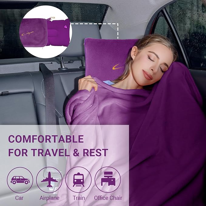 Travel Blanket & Pillow Set, 300 GSM Soft Fleece, 60x43 Inches, 3-in-1 Airplane Blanket, Travel Pillow and Blanket Set, Travel Blanket Airplane Compact with Bag, Travel Essentials, Violet - Image 8