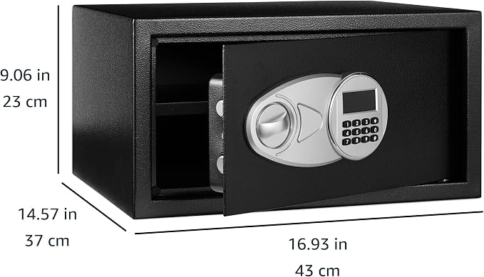 Amazon Basics Steel Security Safe Box with Digital Keypad, for Valuables, Cash, Jewelry, Documents, Removable Shelf, Black, 1 Cubic Foot, 16.9"x14.6"x9.1" (WxDxH) - Image 2