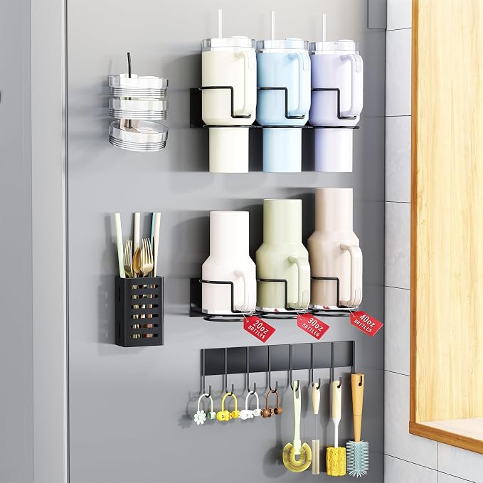 Magnetic Cup Holder for Fridge, Aufworld Tumbler Organizer with 8-Hook Rack, Fits 20/30/40 oz Stanley Cups, Accessory Storage with Lid & Straw Holder, Water Bottle Organizer for Kitchen Refrigerator by Unknown