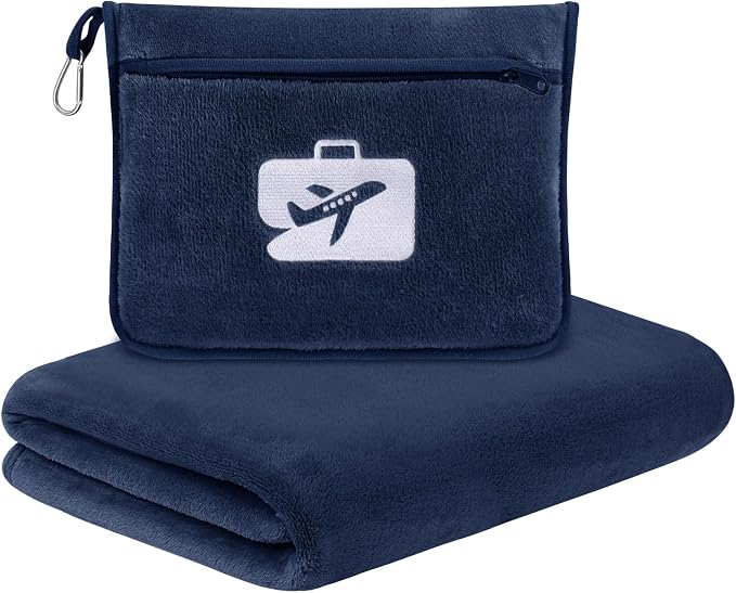 Travel Pillow and Blanket 2-in-1 Set, Navy Blue, 60x50 Inch | Plane Packable , Soft Warm and Lightweight Flannel, Hand Luggage Sleeve and Backpack Clip, Plane Flight Car Trips by SINLAND