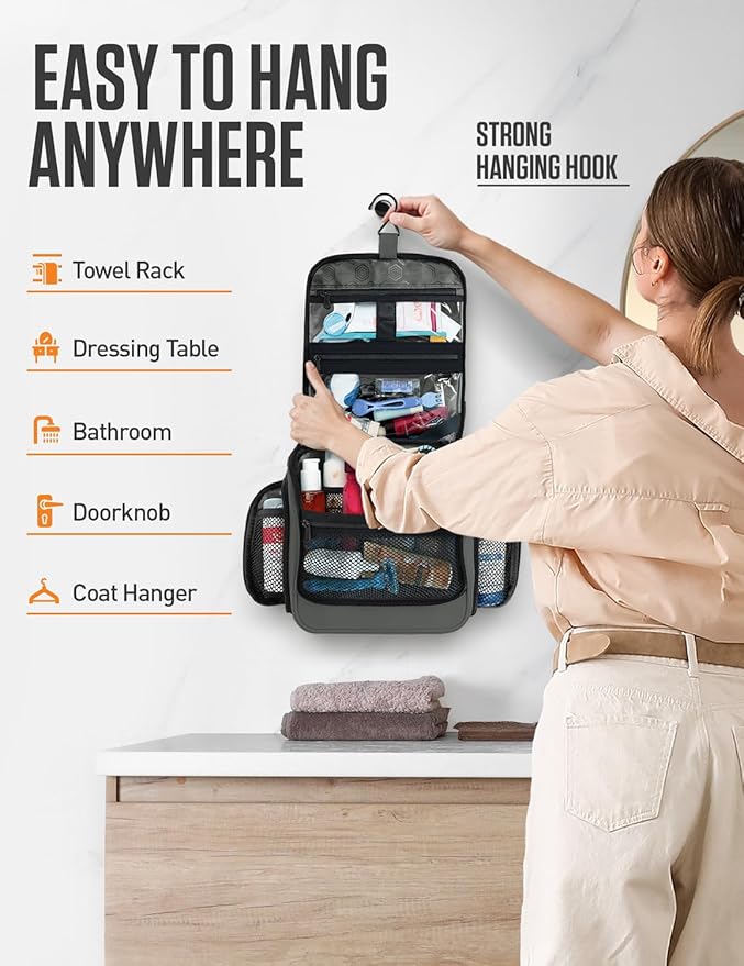 VENTURE 4TH Hanging Travel Toiletry Bag, 18 Compartments - Shadow Gray | Hangs on rails, hooks or doors; stands upright. Removable TSA pouch. Water-resistant Nylon 290D Twill, reinforced stitching. - Image 4