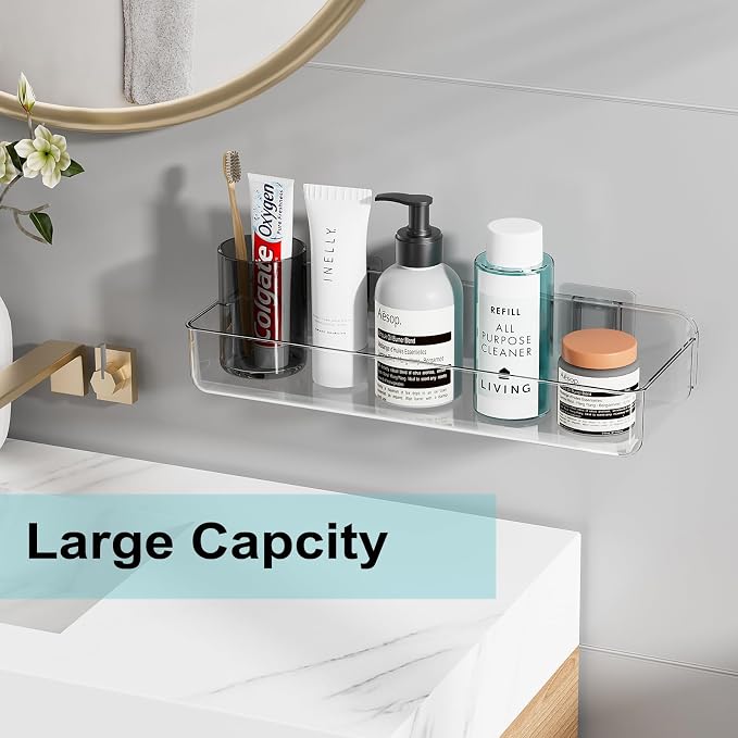 ZEXALOR Wall Mounted Storage Organizer Bins Organizing Shelf Basket Clear Plastic Makeup Organizer Adhesive Hanging Bin Fridge Organizer for Bathroom,Kitchen,Cabinet,Pantry,Countertops (13.7×5×2.7”) - Image 2