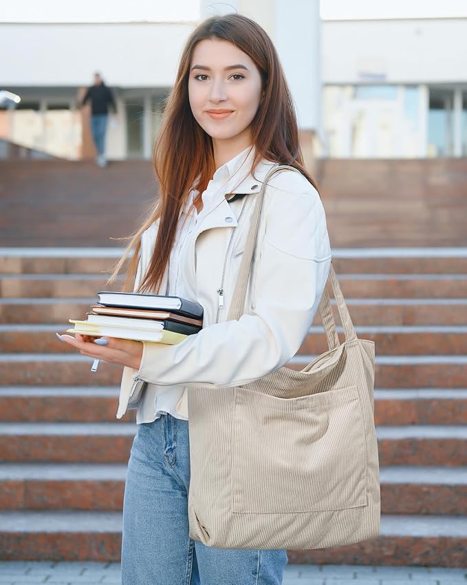 Iioscre Corduroy Tote Bag for Women,Hobo HandBags with Zipper | Large Capacity Casual Shoulder Bag with Inner Pockets for Shopping Work Daily Travel. - Image 2