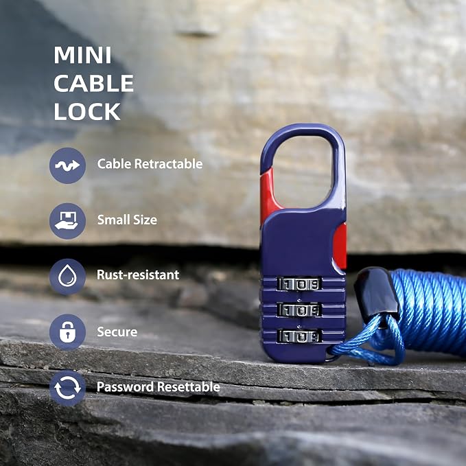 Small Cable Locks with Combination, Travel Combo Lock with Retractable Cable for Ski Gear, Snowboard, Luggage, Suitcases, Backpack, Bike, Bicycle, Scooter, Motorcycle Helmet Anti Theft - Image 2