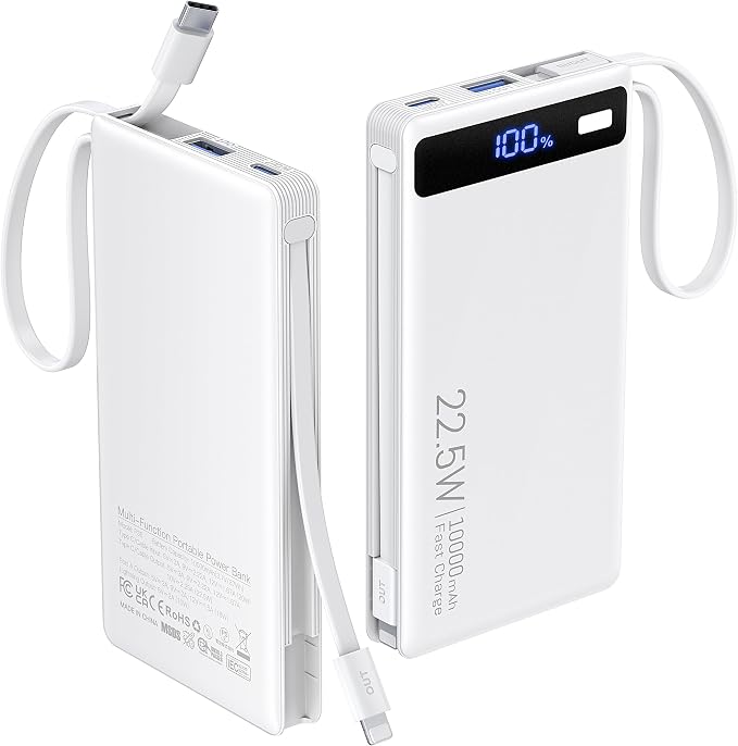 Power Bank with 2 Built-in Cables 10000mAh,22.5W Fast Slim Portable Charger | USB C Battery Pack, Travel Essentials Gift PD Fast Charging Powerbank For iPhone 17 16 15 Plus Pro Galaxy iPad White(1 Pack) by TEMINICE