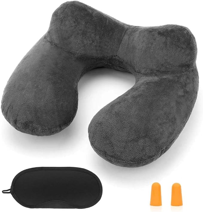 Inflatable Travel Pillow for Airplane Inflatable Neck Pillow for Traveling with Soft Velvet Washable Cover for Sleeping, Airplane,Train, Car, Office, Contoured Eye Masks, Earplugs (Dark Gray) by HITSZS