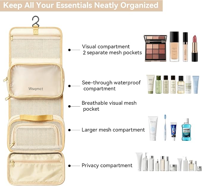 Hanging Travel Toiletry Bag, Waterproof Travel Bag for Toiletries Makeup Cosmetic Bag Organizer for Women Traveling Bathroom Shower, with 3 Silicone Travel Bottles, Beige - Image 5
