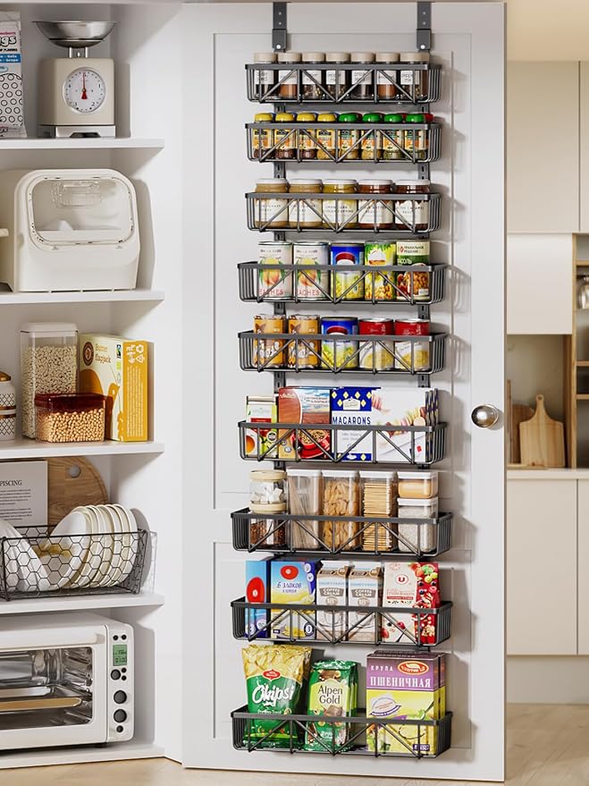 Delamu Adjustable Over the Door Pantry Organizer, 9-Tier Metal Pantry Organization and Storage for Kitchen, Hanging Spice Rack Seasoning Shelves, Cabinet Door Organizer for Easy Install, 16" Black by DELAMU